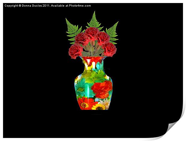 Flowers in a flowered vase Print by Donna Duclos