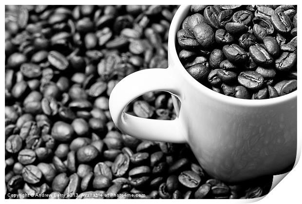 Black and White Coffee Beans in a White Mug Print by Andrew Berry