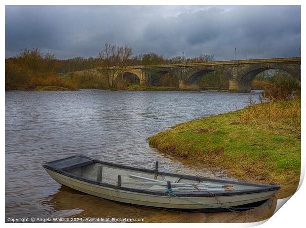 Moored Boat on river Tweed at Kelso Bridge Print by Angela Wallace