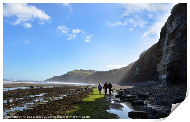 Walking on the beach at Robin Hoods Bay Print by Angela Wallace