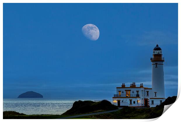Moonset over Turnberry Lighthouse and Ailsa Craig Print by Derek Beattie