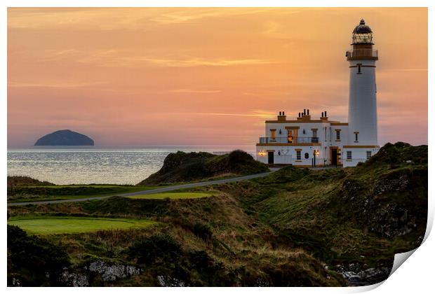 Turnberry Lighthouse and Ailsa Craig at Sunset Print by Derek Beattie