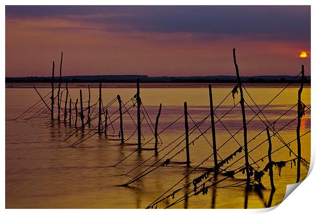 Fishing Nets at Sunset Print by Derek Beattie