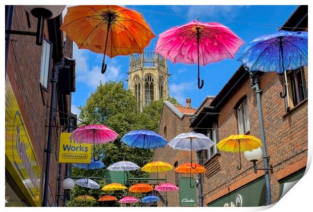 Umbrella Street Coppergate York Print by Derek Beattie