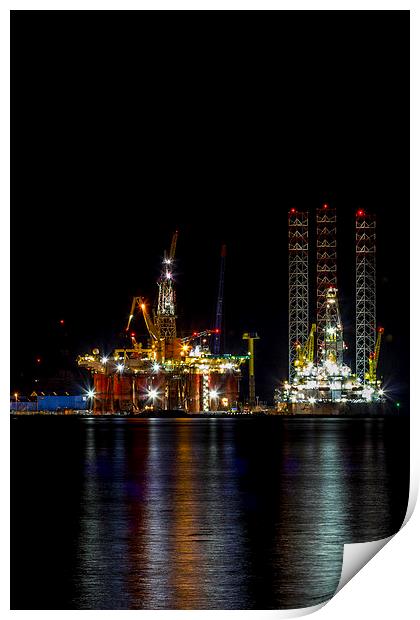 Oil Rig At Night Scotland Print by Derek Beattie