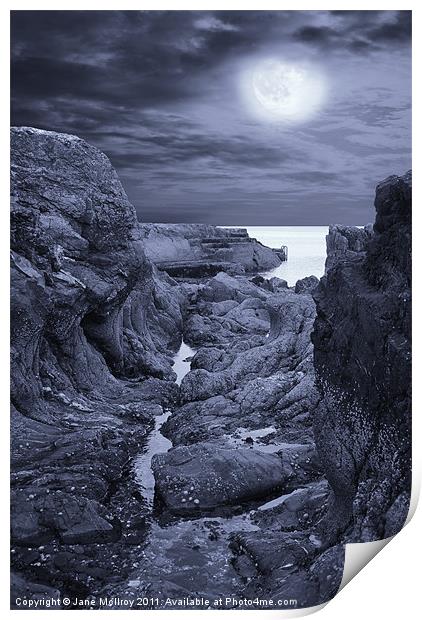 Moonlight over Rugged Seaside Rocks Print by Jane McIlroy