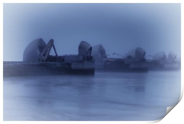 Misty Morning over Thames Barrier Print by Dean Messenger