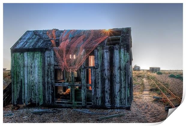 fishing shack at sunrise Print by Dean Messenger
