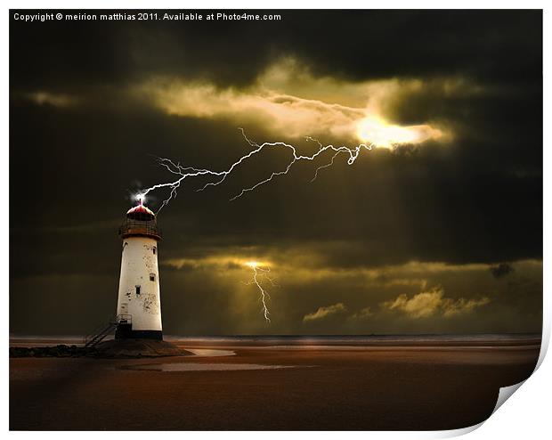 lighthouse and lightning storm Print by meirion matthias