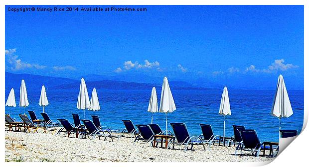 Beach chairs and parasols Print by Mandy Rice
