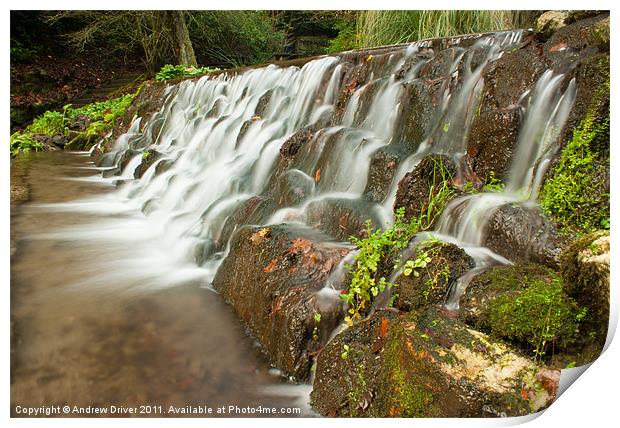 Waterfall in Treverno Gardens Print by Andrew Driver