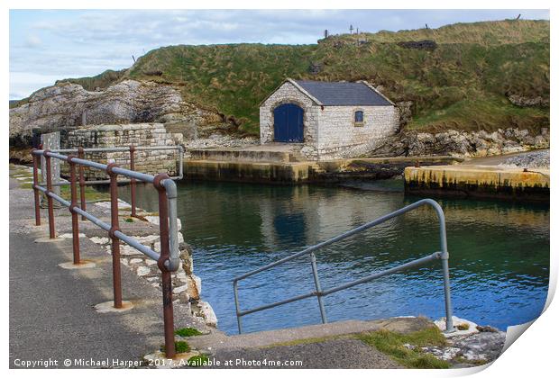 The stone boathouse and slipway at Ballintoy Harbo Print by Michael Harper