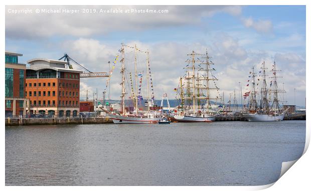 Tall Ships berthed at Belfast Harbour in Northern  Print by Michael Harper