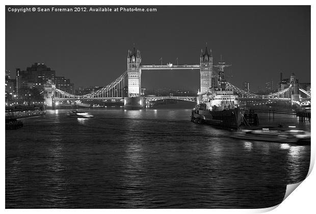 Tower Bridge and HMS Belfast black and white Print by Sean Foreman
