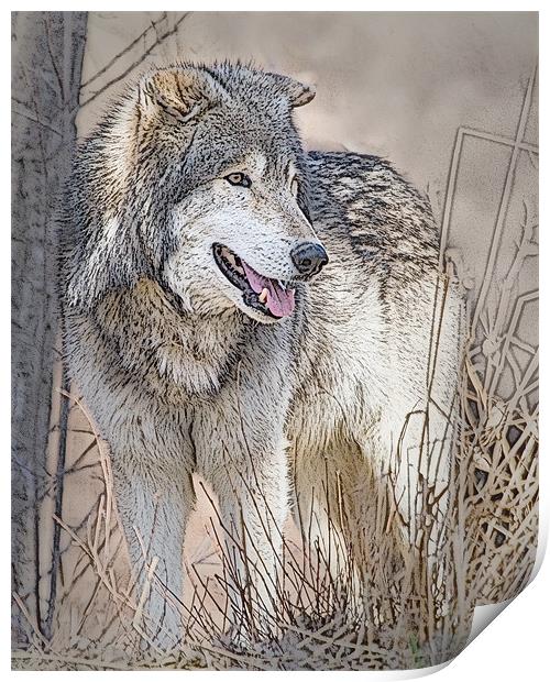 Wolf By Tree Print by Dennis Hirning