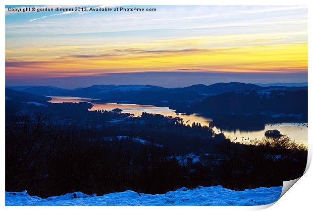 low sun over snowy windermere Print by Gordon Dimmer