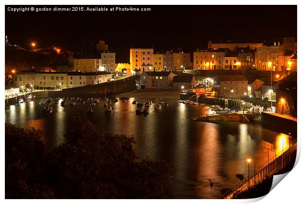  A close view of Tenby harbour at night Print by Gordon Dimmer