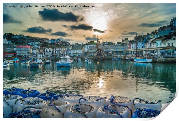 Brixham Harbour with a Setting Sun Print by Gordon Dimmer