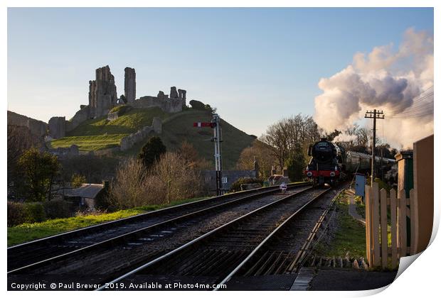 Flying Scotsman passes Corfe Castle Print by Paul Brewer