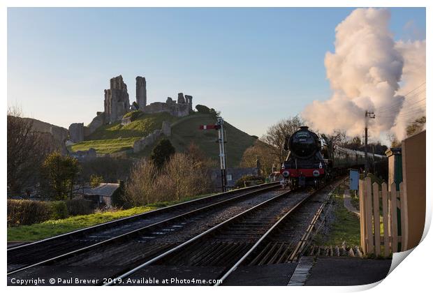 Flying Scotsman passes Corfe Castle Print by Paul Brewer