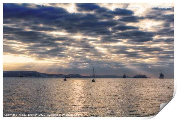 Sunrise in Weymouth Cruise Ships moored off Weymou Print by Paul Brewer