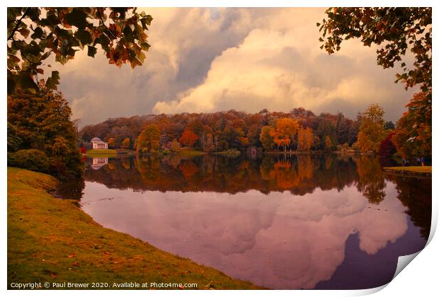 Stourhead Lake in Autumn Print by Paul Brewer