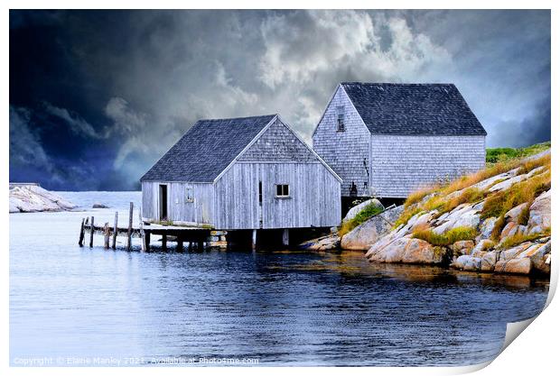 Old Fishing Huts  Peggys Cove Print by Elaine Manley