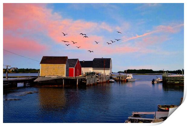 Setting Sun on a Fishing Village...Canada Print by Elaine Manley
