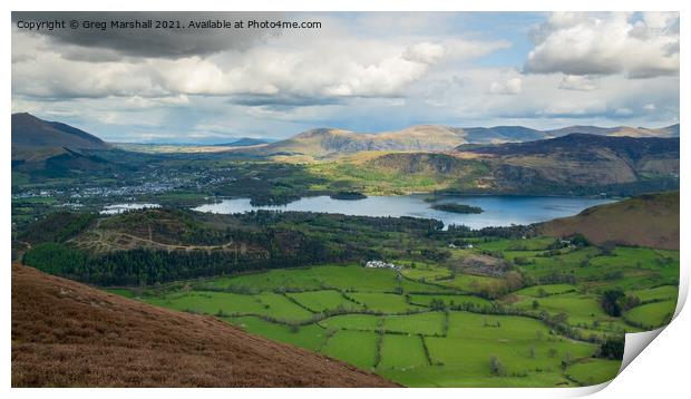Keswick and Derwent Water from near Cat Bells, Lake District Print by Greg Marshall