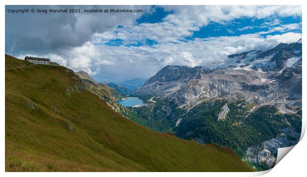 Lago di Fedaia and Marmolada Dolomites Italy Print by Greg Marshall