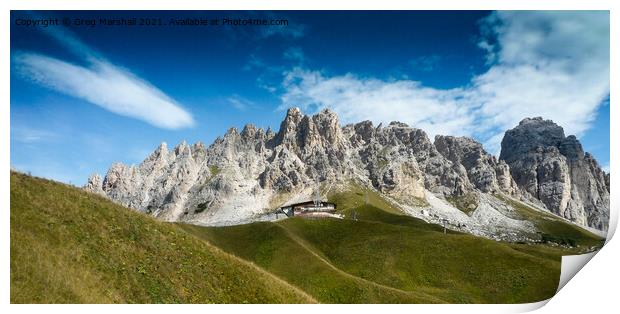 Mountain peaks Via Ferrata near Paso Gardena, Dolomites Italy Print by Greg Marshall