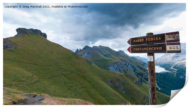 This way to Passo Fedaia Dolomites Italy Print by Greg Marshall