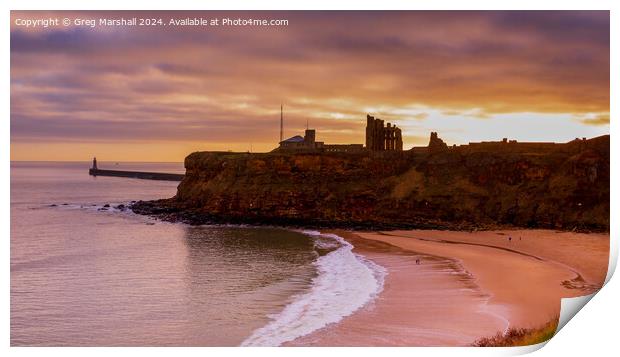 Sunset over Tynemouth Lighthouse Priory and Castle Ruins Print by Greg Marshall