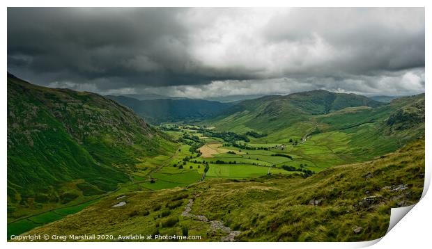 Langdale Valley Lake District in the rain Print by Greg Marshall