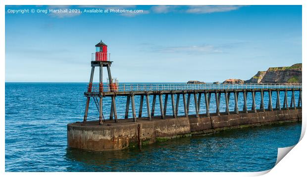Whitby East Lighthouse and jetty, North Yorkshire Print by Greg Marshall