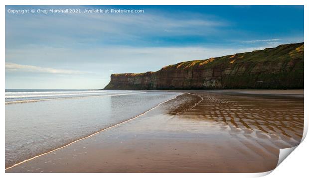 Saltburn Hunt Cliff and beach at sunset Print by Greg Marshall