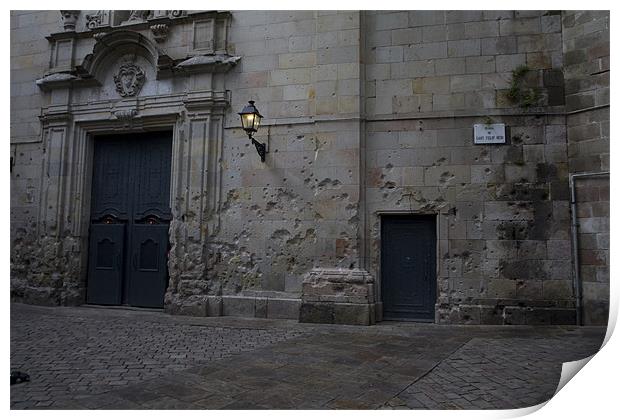 Placa de Sant Felipe Neri - where many Catalans died in the Spanish Civil War Print by Mike Crew