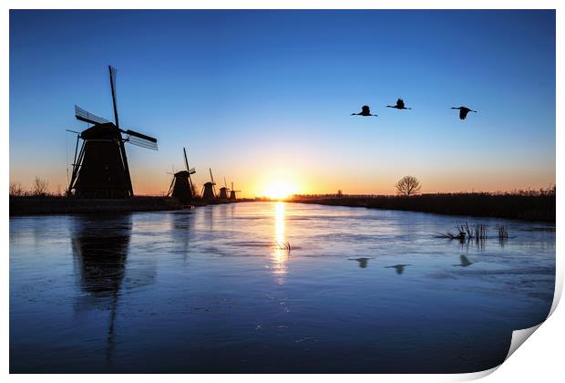 Heron flying over the frozen Kinderdijk Sunrise Print by Ankor Light