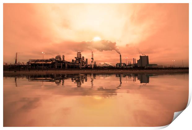 Reflection of refineries and its chimney Print by Ankor Light