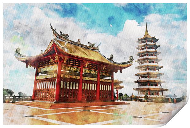 Watercolor of a red chinese pagoda or temple at hi Print by Ankor Light