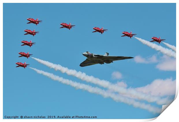 Avro Vulcan Bomber & The Red Arrows Print by Shawn Nicholas