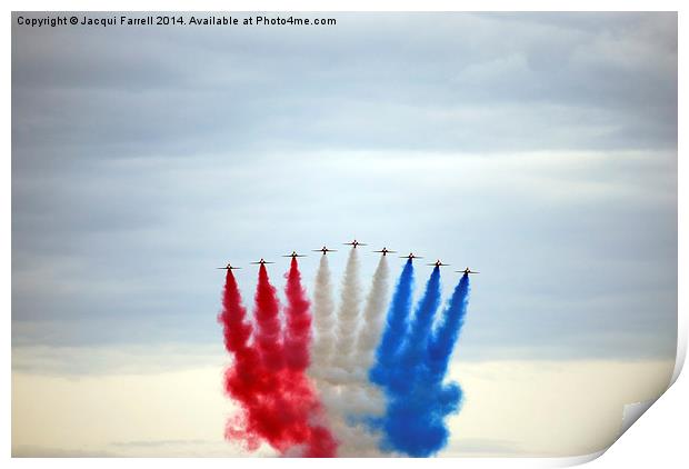 Red Arrows flying over Marham Norfolk Print by Jacqui Farrell