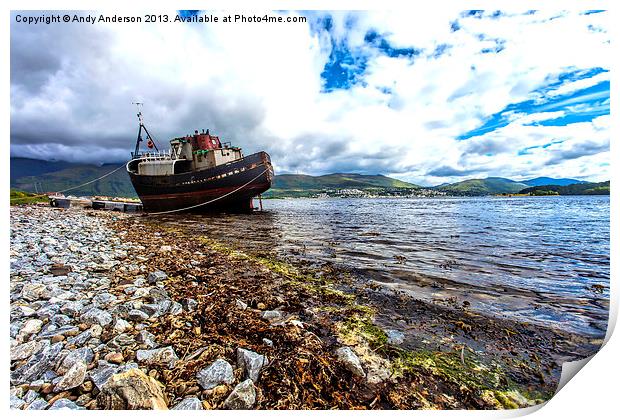 Fishing boat aground near Fort William Print by Andy Anderson