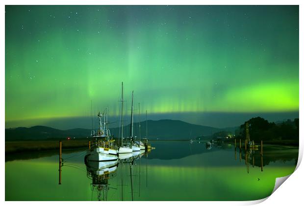 Boats and the southern lights Print by Matthew Burniston