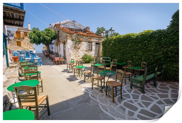 Greek Outdoor dining tables on Alonissos (Sporades Print by Alan Matkin