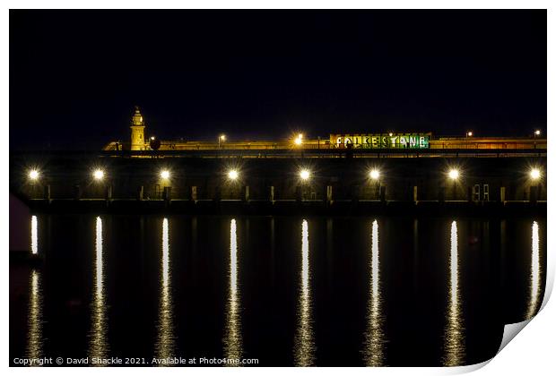 Nightscape of Folkestone Harbour Arm & Lighthouse Print by David Shackle