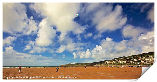 Kite Flying on Woolacombe Beach Print by Steve Hughes