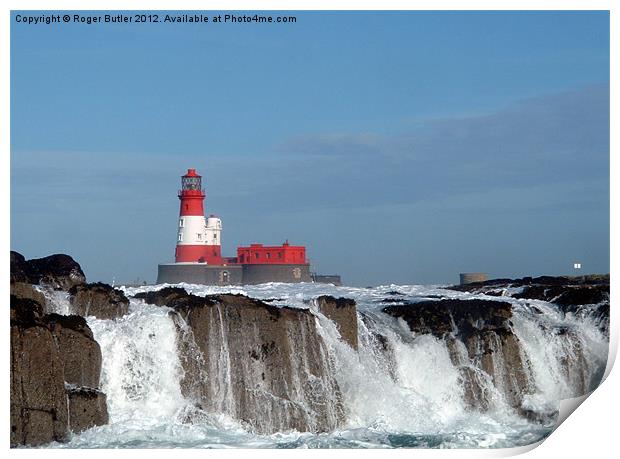 Waves Break at Longstone Lighthouse Print by Roger Butler