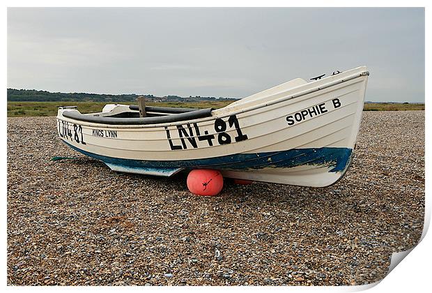 Fishing Boat, Cley Beach, North Norfolk Print by Kathy Simms