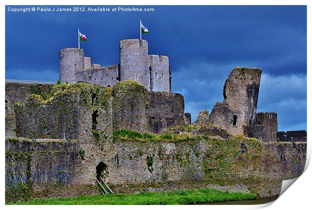 Stormy skies at Caerphilly Castle Print by Paula J James